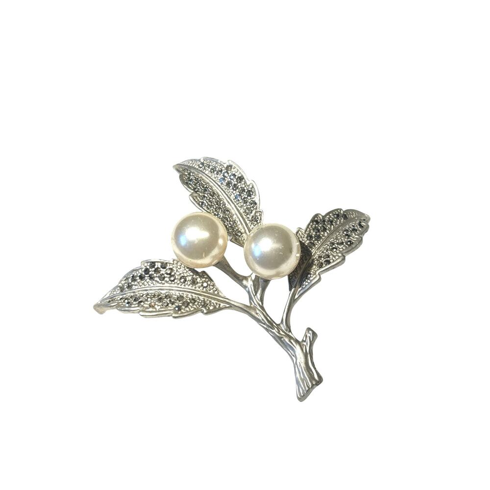 Vintage Silver Tone Faux Pearl Leaf Branch Brooch Pin
